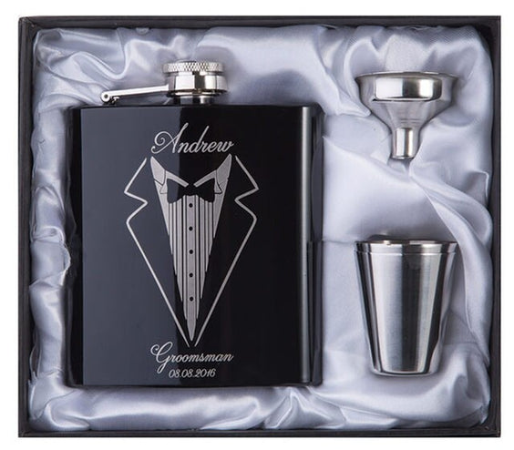 Personalisiertes schwarzes Flachmann-Set | Geschenk für den Bräutigam