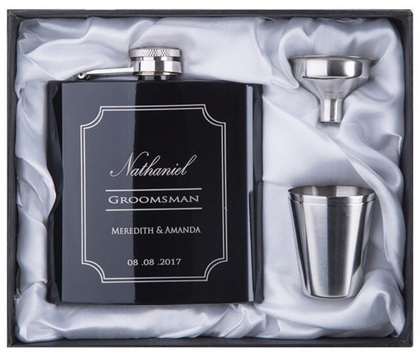 Personalisiertes schwarzes Flachmann-Set | Geschenk für den Bräutigam