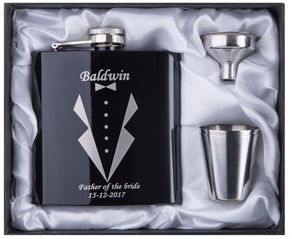 Personalisiertes schwarzes Flachmann-Set | Geschenk für den Bräutigam