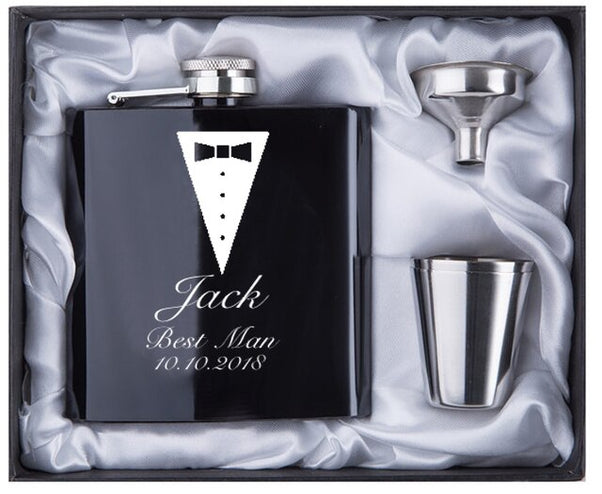 Personalisiertes schwarzes Flachmann-Set | Geschenk für den Bräutigam