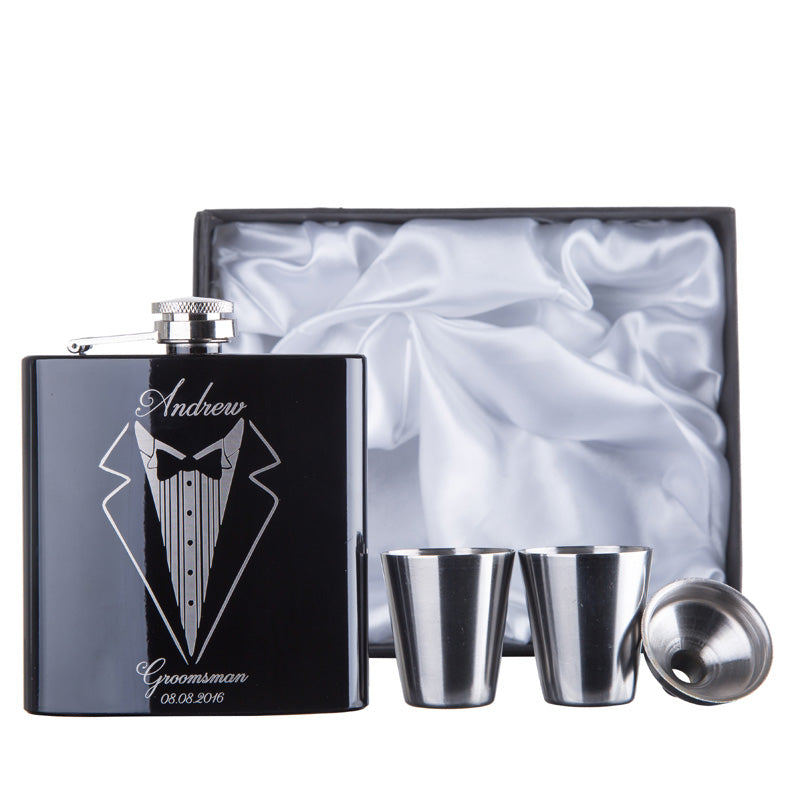 Personalisiertes schwarzes Flachmann-Set | Geschenk für den Bräutigam